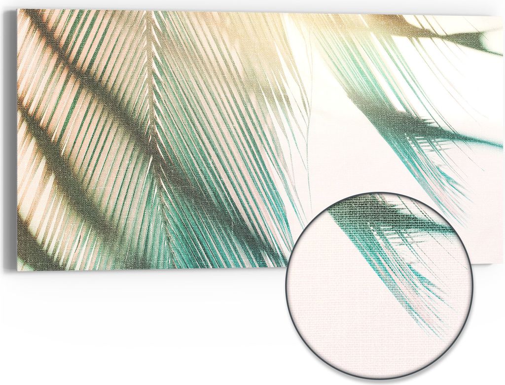 DEQORI Hybrid Leinwand Bild 60x30 cm 'Sanfte Palmen' Wandbild Glas flach modern