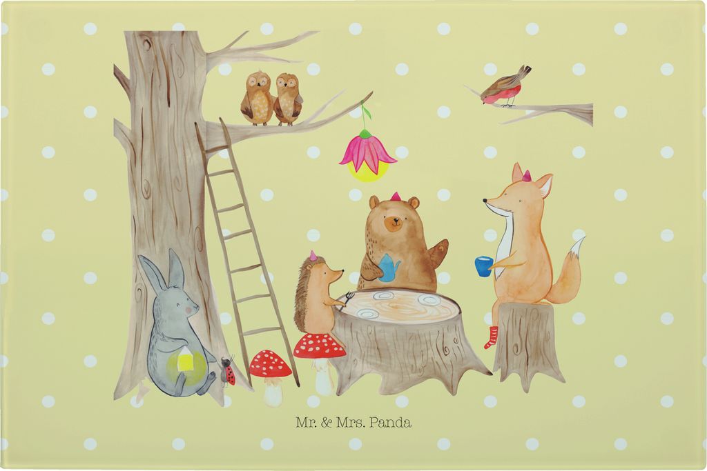 Mr. & Mrs. Panda Schneidplatte Glas Waldtiere Picknick - Gelb Pastell - Geschenk, Glasschneidebrett, Küchenbrett, Igel, Hase, Eichhörnchen, Lusti...