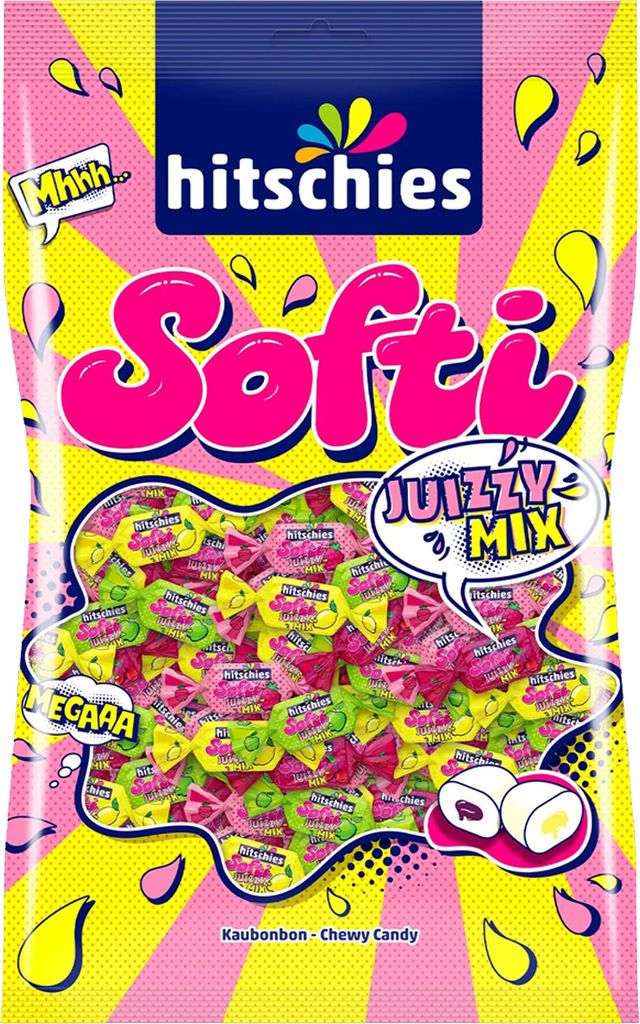 A bag of Hitschies Softi Juizzy Mix chewy candies with a liquid center.