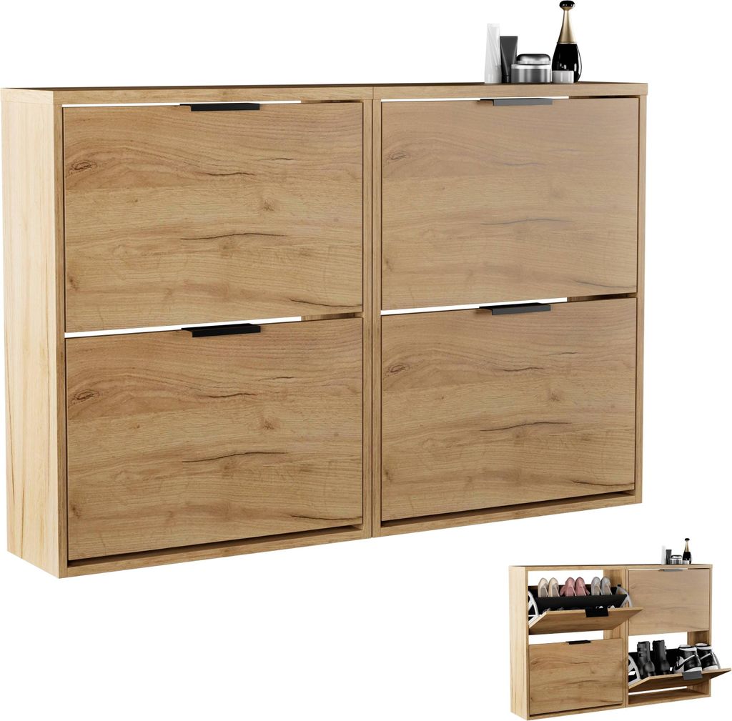 Planetmöbel Schuhschrank schmal 2 x 2 Klappen Schuhregal mit 4 Ablagen, gold eiche