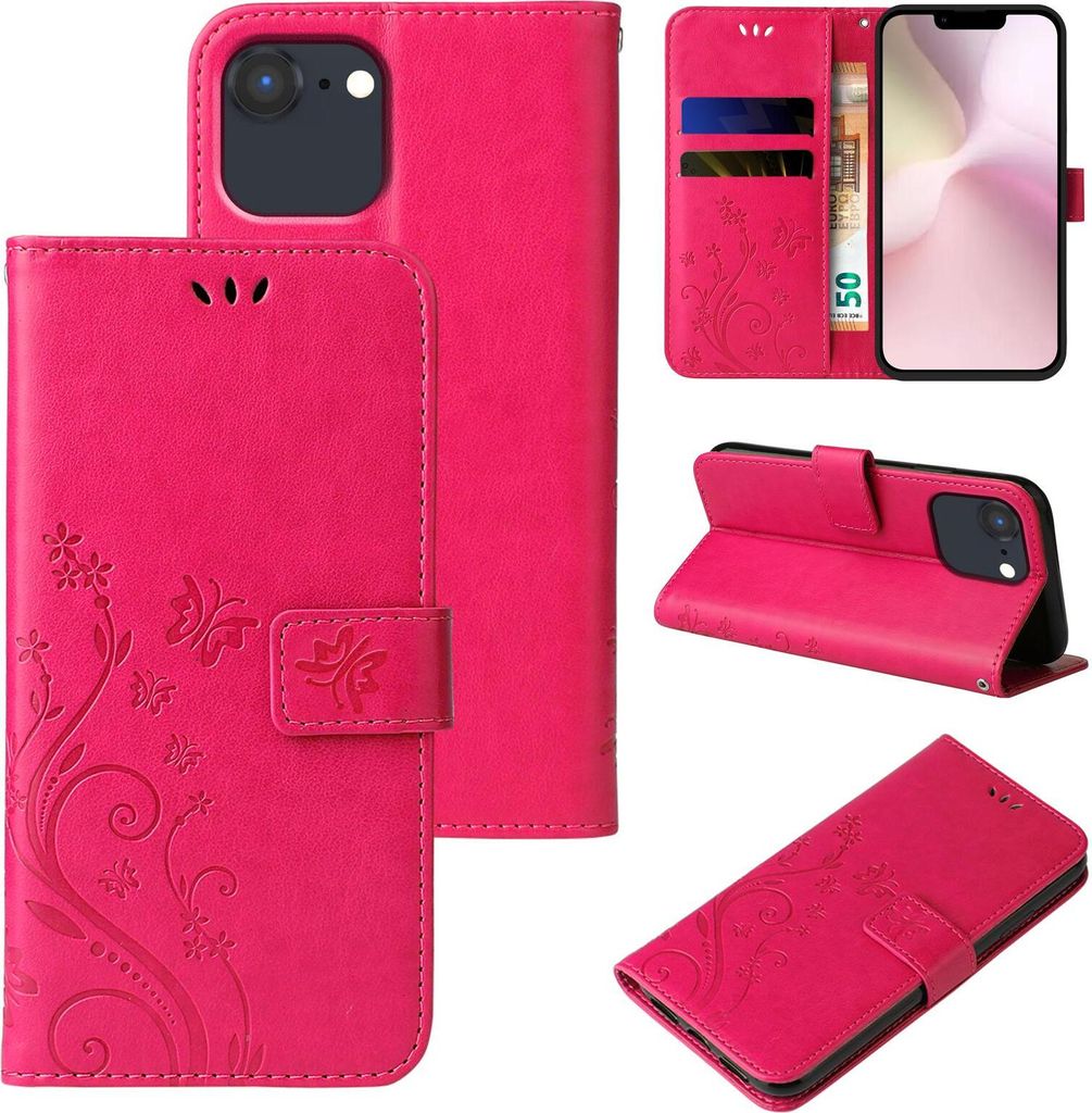Handyhülle für Apple iPhone 16e Floral Blumen Schmetterling Flip Cover Hülle Case Klapphülle Handytasche Farbe: Pink