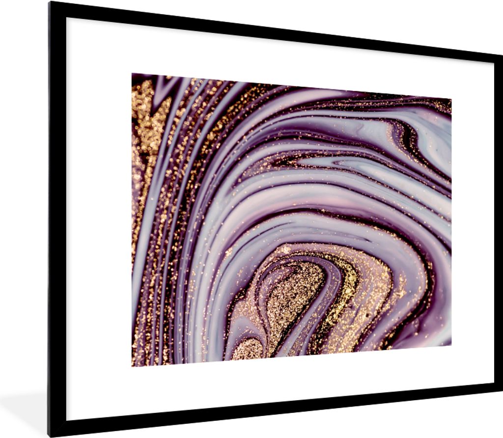 MuchoWow Gerahmtes Poster Marmor - Rosa - Gold - Glitter - Marmoroptik - Luxus 80x60 cm - Poster mit Schwarzem Bilderrahmen Wandposter Rahmen Fot...