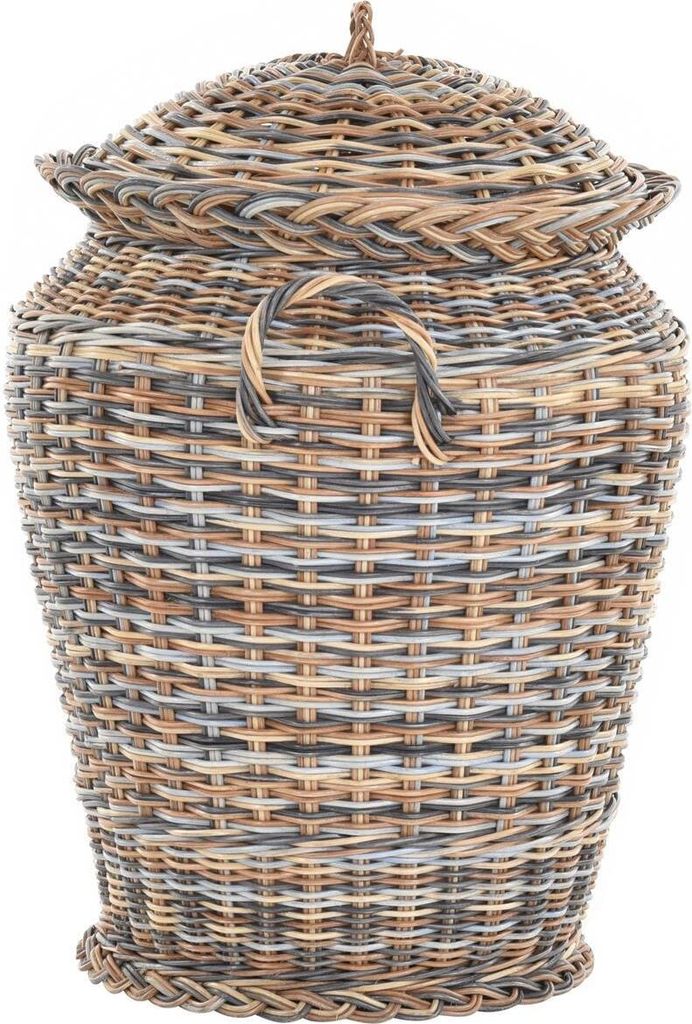 A round wicker laundry basket with a lid and handles.