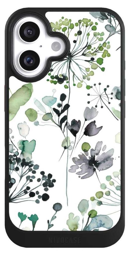 NIVOCASE Hülle für Apple iPhone 16 Handyhülle NIVOcore Case Schwarz Blumen Wasserfarbe Eukalyptus