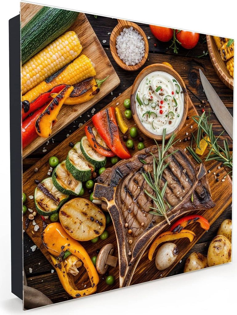 Nachbildung-Schlüsselkasten, Magnetpinnwand und Memoboard mit Glasfront Motiv Grillmahlzeit