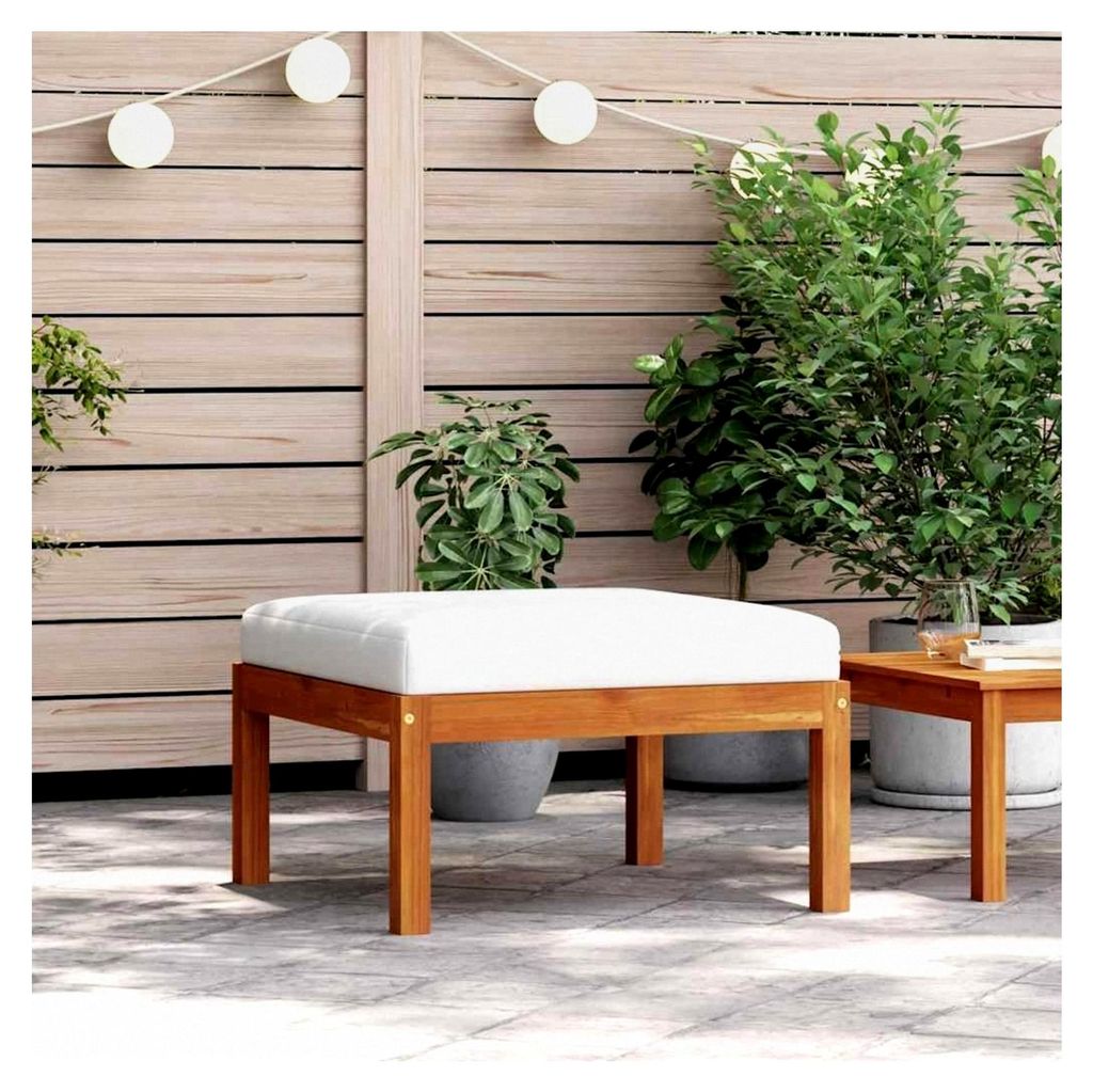 Garten-Fußhocker aus massivem Akazienholz mit Ölfinish und cremeweißem Kissen, 63x63x30cm, modular für Outdoor-Möbel