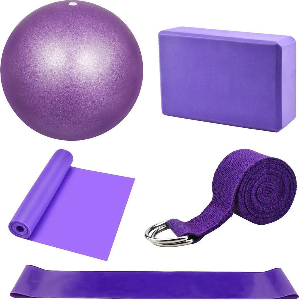 Starter Kit 5 Stück Yoga Blöcke und Gurt Set Yoga Ball Schaum Yoga Ziegel Fitness Übung Widerstandsband Stretching Gurt Pilates Riem und Zubehö...