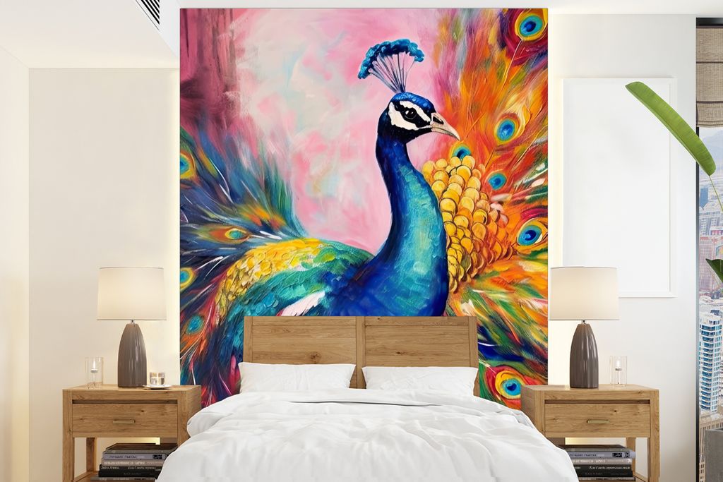 MuchoWow Fototapete für Wohnzimmer oder Schlafzimmer Wandtapete Vinyl Motivtapete Pfau - Tiere - Malerei - Regenbogen - 160x220 cm - Bildschirmh...