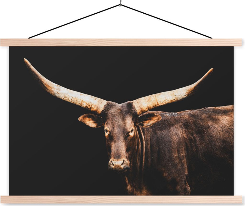 MuchoWow Textilposter Kuh - Watussi - Schwarz 120x80 cm mit holzfarbenen Rahmen - Aufhängeset