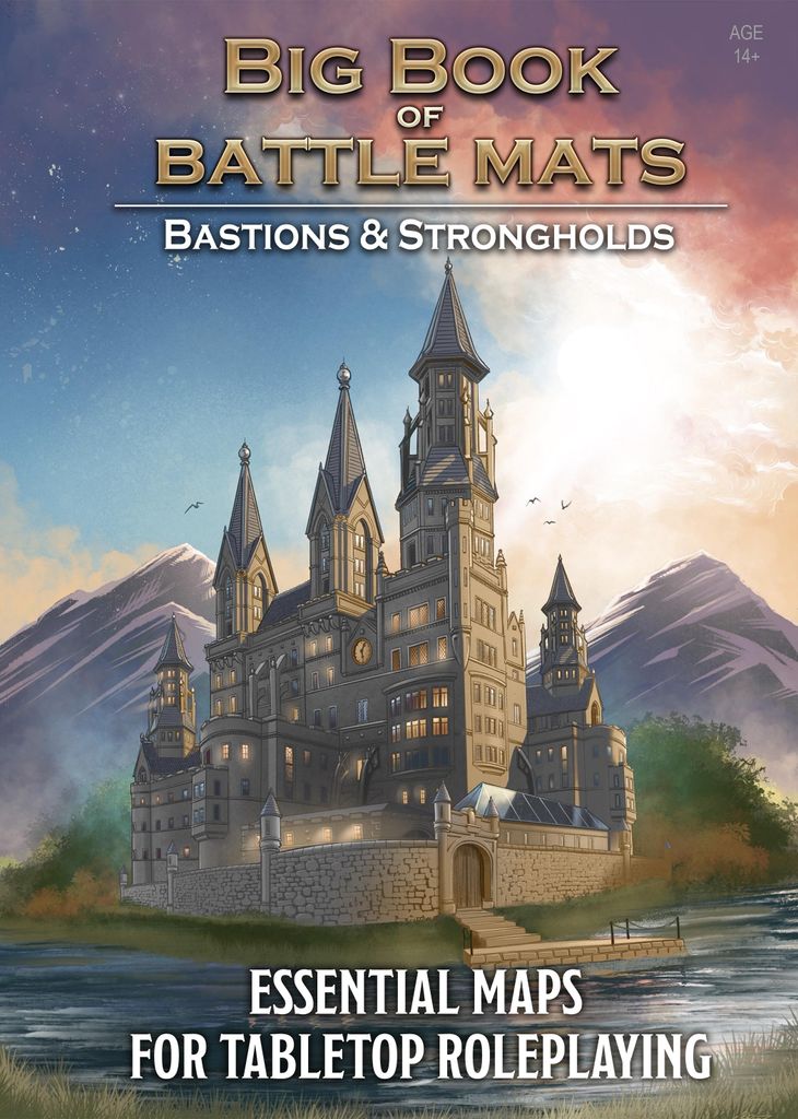 A fantasy castle on a lake with mountains in the background under a colorful sky.