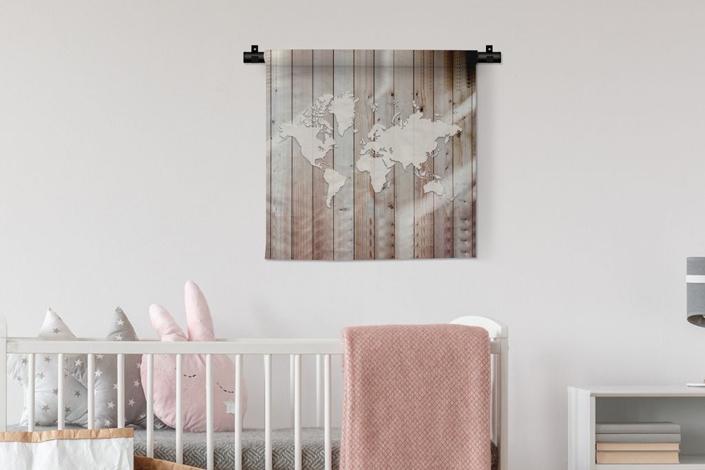 MuchoWow Wandteppich Wandbehang Weltkarte - Weiß - Holz 60x60 cm Tapisserie Dekoration Wandtuch - Dekorationen - Wand Decke