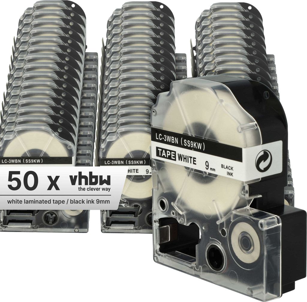 vhbw 50x Schriftband-Kassette Ersatz für Epson LC-3WBN für Etiketten-Drucker 8m x 9mm Schwarz auf Weiß
