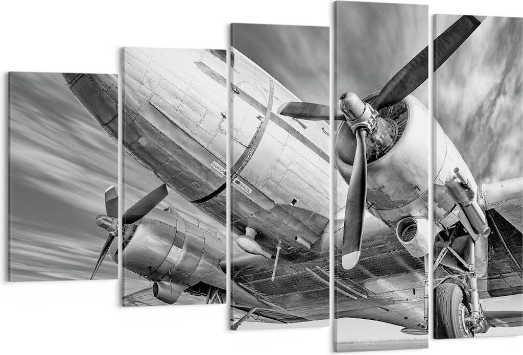 Bild auf Leinwand - Leinwandbild - 5 Teile - Flugzeug Retro Flugzeug - 150x100cm - Wand Bild - Wanddeko - Wandbilder - Leinwanddruck - Bilder - Wan...
