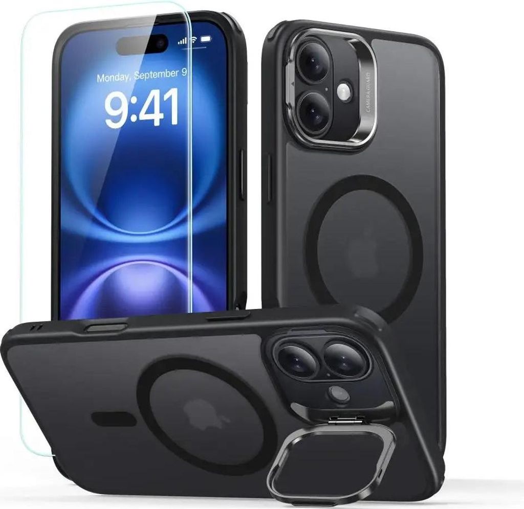 ESR Classic Hybrid Kickstand Halolock MagSafe Case Set + Panzerglas für iPhone 16 - Schwarz