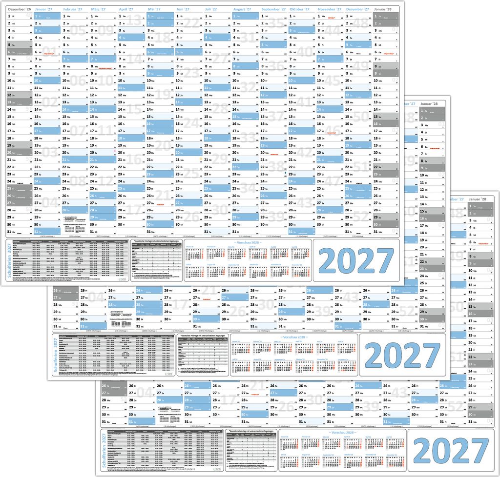 3 Stück XXL Wandkalender Wandplaner 2027 hellblau (gerollt) DIN A0 Format (841 x 1189 mm) 14 Monate, komplette Jahresvorschau Folgejahr und Ferien...