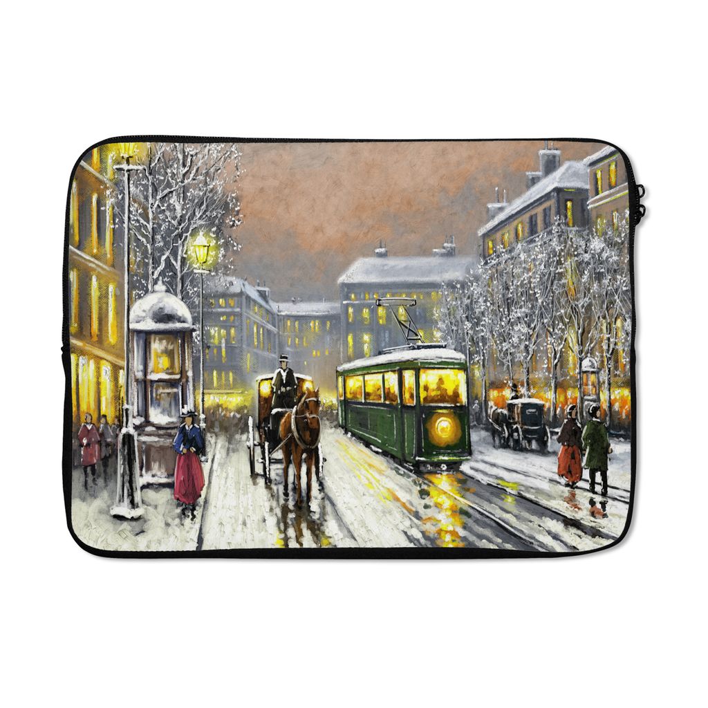 MuchoWow Laptop Hülle 13 Zoll Gemälde - Ölgemälde - Winter - Straßenbahn - Pferd Laptoptasche - Laptophülle - Sleeve - Rundumschutz