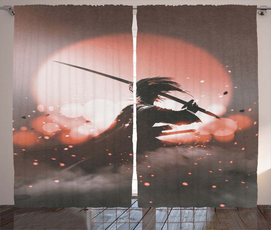 ABAKUHAUS japanisch Rustikaler Gardine, Samurai Japan, Schlafzimmer Kräuselband Vorhang mit Schlaufen und Haken, 280 x 245 cm, Lachs Umbrabraun