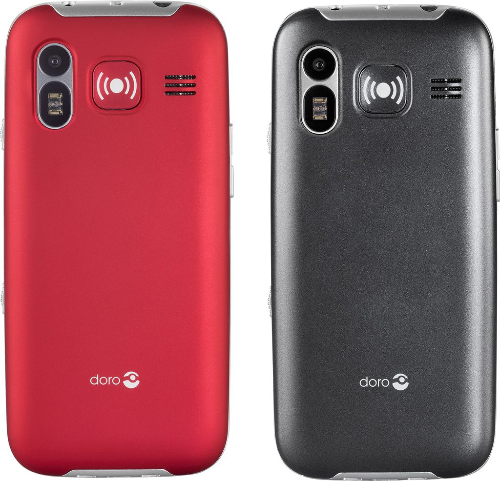 Two Doro mobile phones, one red and one gray, are shown side-by-side against a white background.
