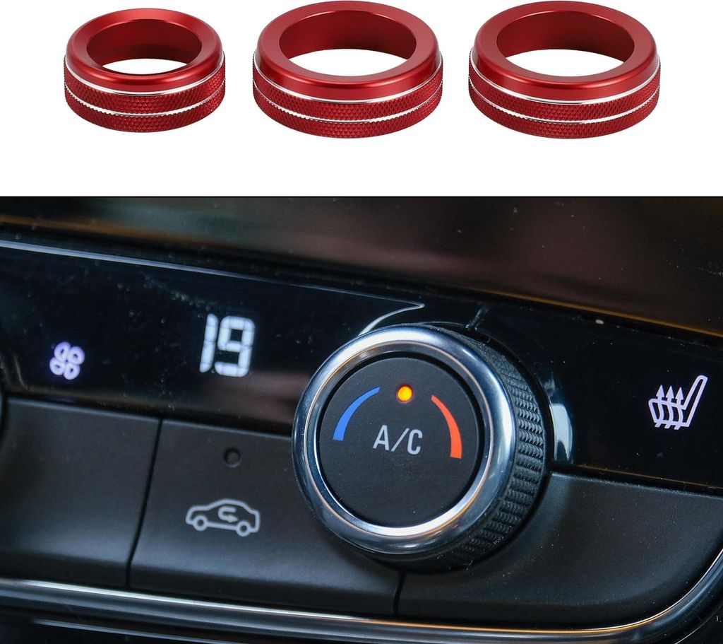 3 Stk. AC Klimaanlage Medienlautstärke Einstellknopf Abdeckungsring Kompatibel für Dodg Durango 2021-2023, Robustes Aluminiumlegierung Rot.