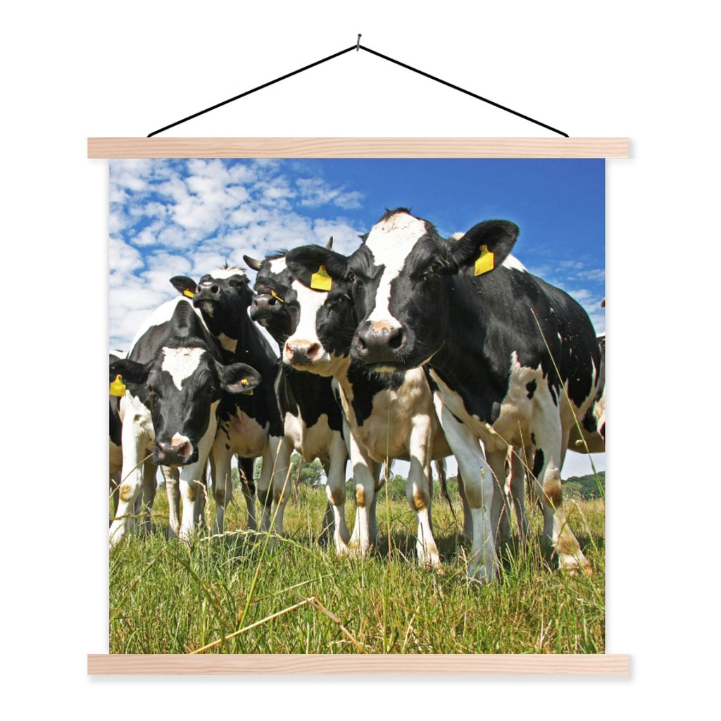 MuchoWow Textilposter Kühe - Gras - Wiese - Tiere 120x120 cm mit holzfarbenen Rahmen - Textil-Poster
