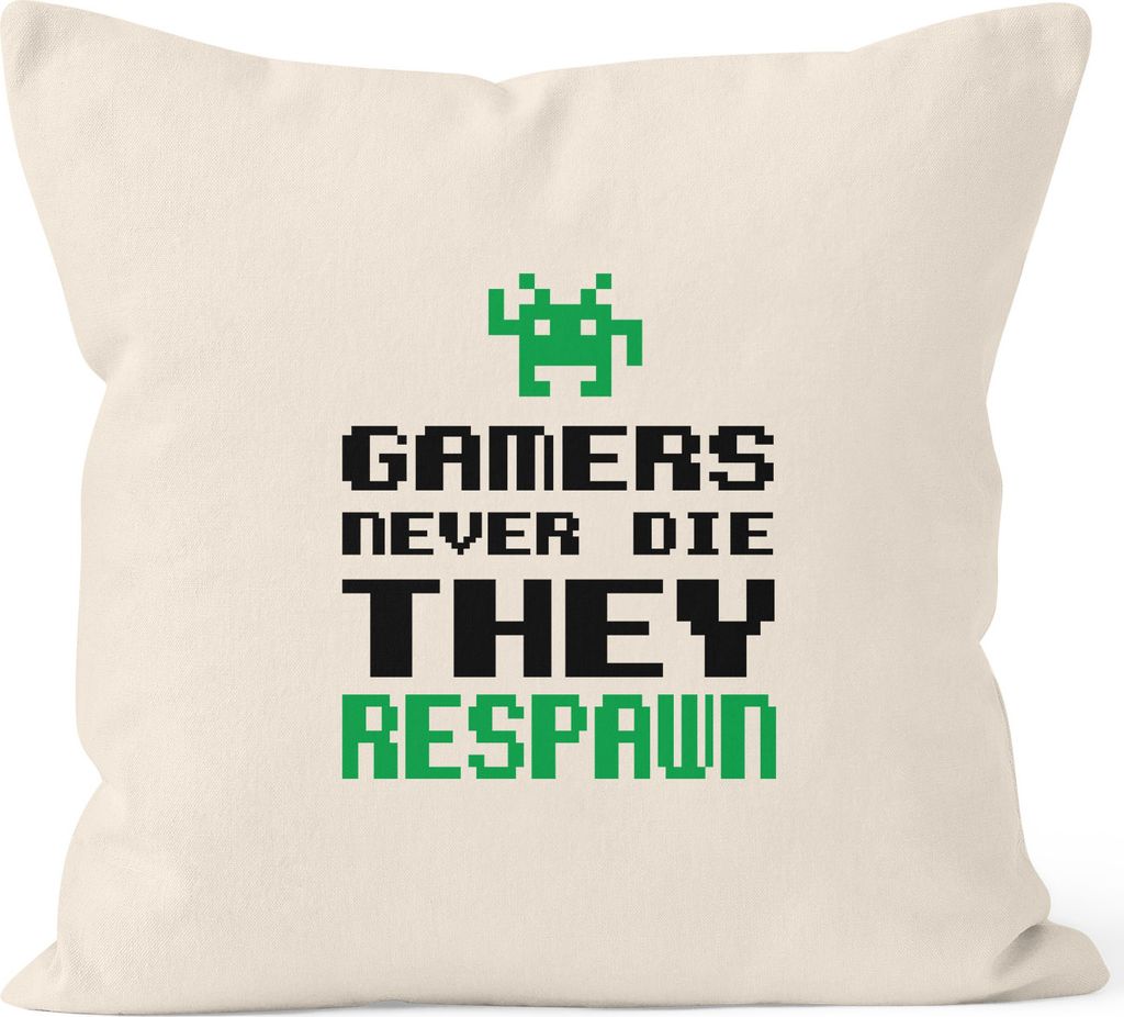 Kissenbezug Kissenhülle Gamers never die they respawn Spruch Pixel Zocker 90er 80er Retro MoonWorks 40x40 natur 40cm x 40cm