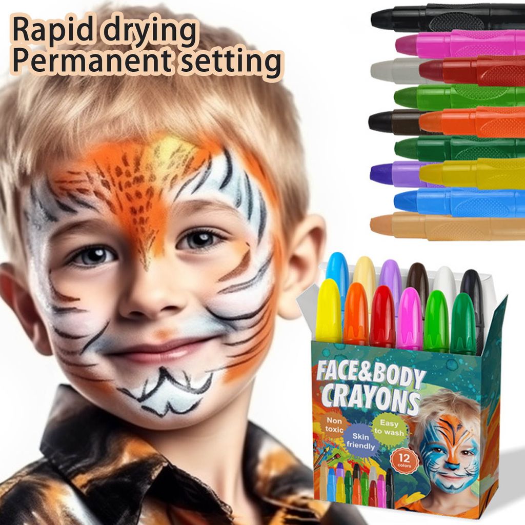 12-teiliges Gesichts- und Körperbemalungsstift-Set, 12 Farben auf Wasserbasis, leicht zu reinigendes Make-up, Gesichts- und Körperbemalung für K...