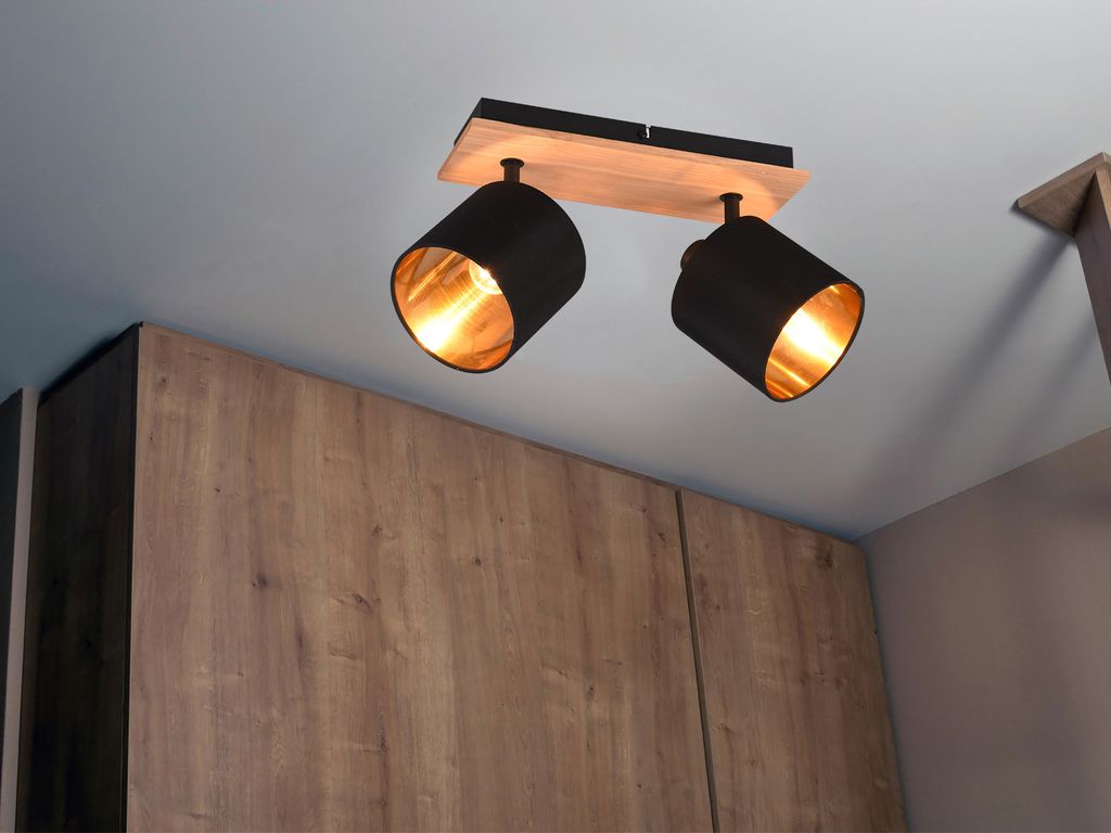 LED Deckenstrahler 2 flammig schwenkbar mit Stoffschirm in Schwarz Gold Wandspot