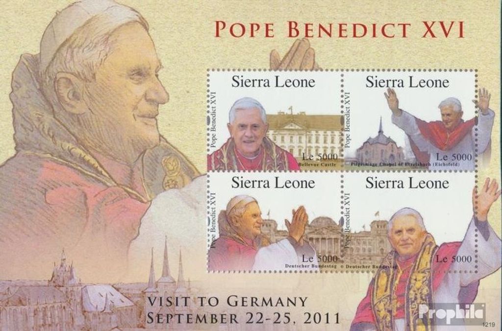 Briefmarken Sierra Leone 2012 Mi 5705-5708 Kleinbogen postfrisch Deutschlandreise Papst Benedikt XVI.