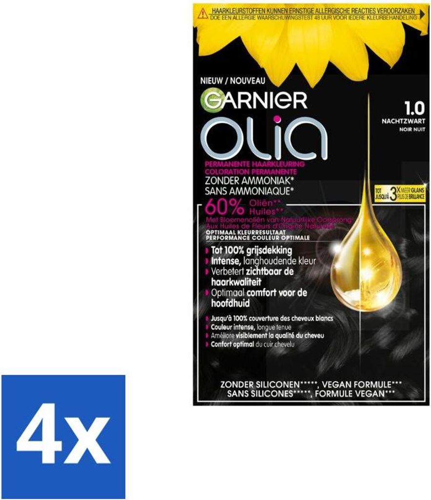 Garnier – Olia 1 – Haarfarbe – Schwarz – Ammoniakfrei – Intensive, langanhaltende Farbe – 100 % Grauabdeckung - Vorteilspack - 4 Stücke
