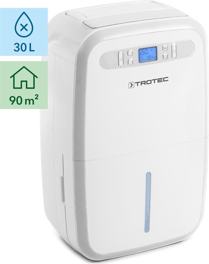 A white Trotec dehumidifier is shown in a studio setting with informational graphics overlayed on the left. The dehumidifier has a digital display and a water level indicator.