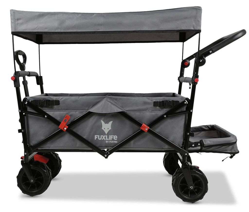 FUXLIFE by FUXTEC Strand-Bollerwagen FX-CTB800 Grau Faltbarer Transportwagen Gepolsterter Innenraum Sonnendach Offroad-Räder Stabil & klappbar Grau