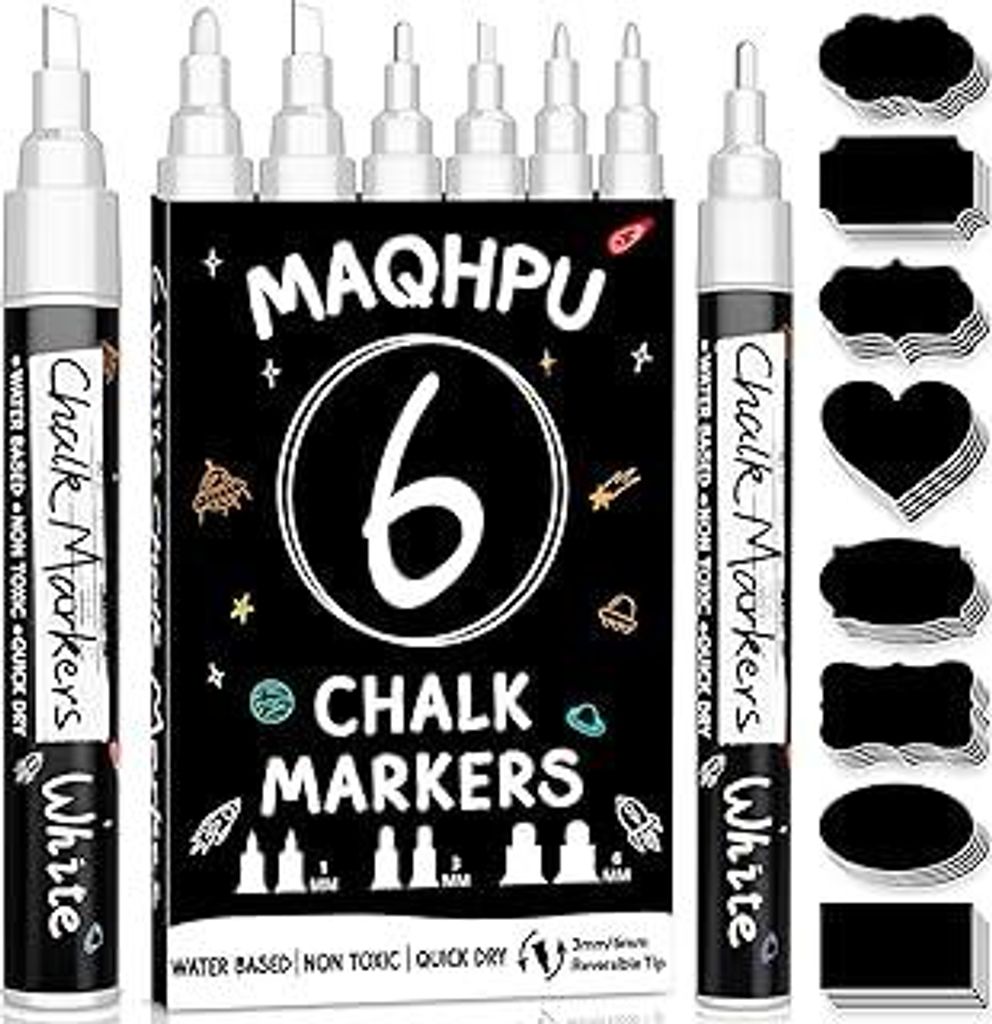 Maqhpu Weiß Kreidestifte für Tafel Abwaschbar, 6 Stück Kreidestifte und 45pcs Kreidetafel Labels, Fensterstifte Whiteboard Marker Kreidemarker T...