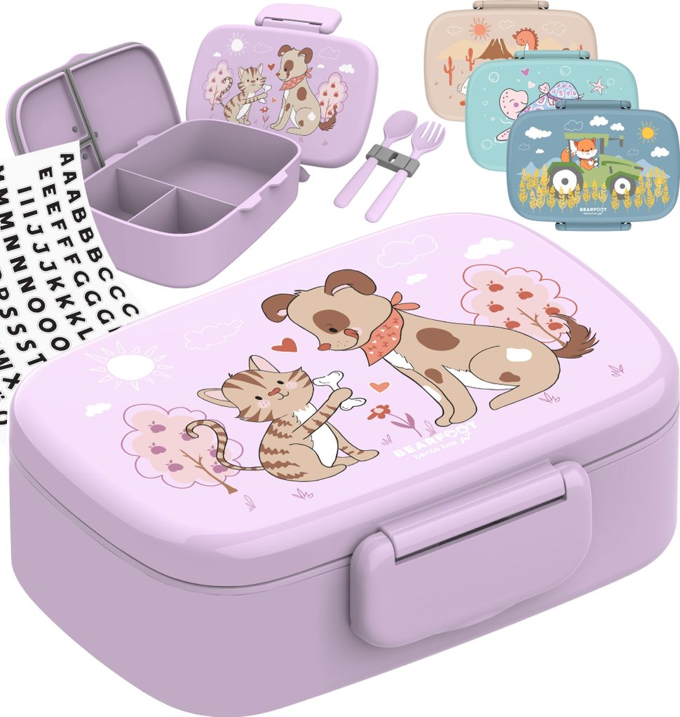 Brotdose Kinder mit Fächern, BPA frei, Lunchbox, Bento box, Brotbox, Brotdose Mädchen & Jungen, Snackbox mit Trennfächern, Vesperbox - Hund Katz...