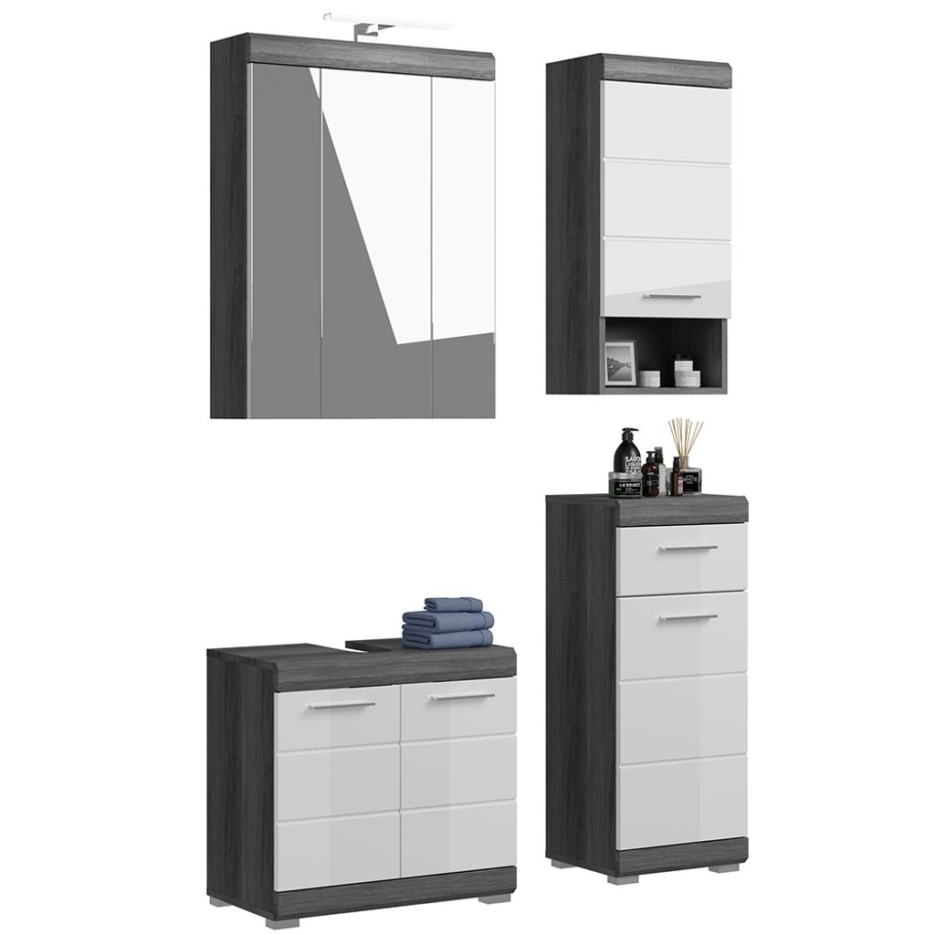 Badezimmermöbel Set 4-teilig modern in Hochglanz weiß mit grau SIROCO-158