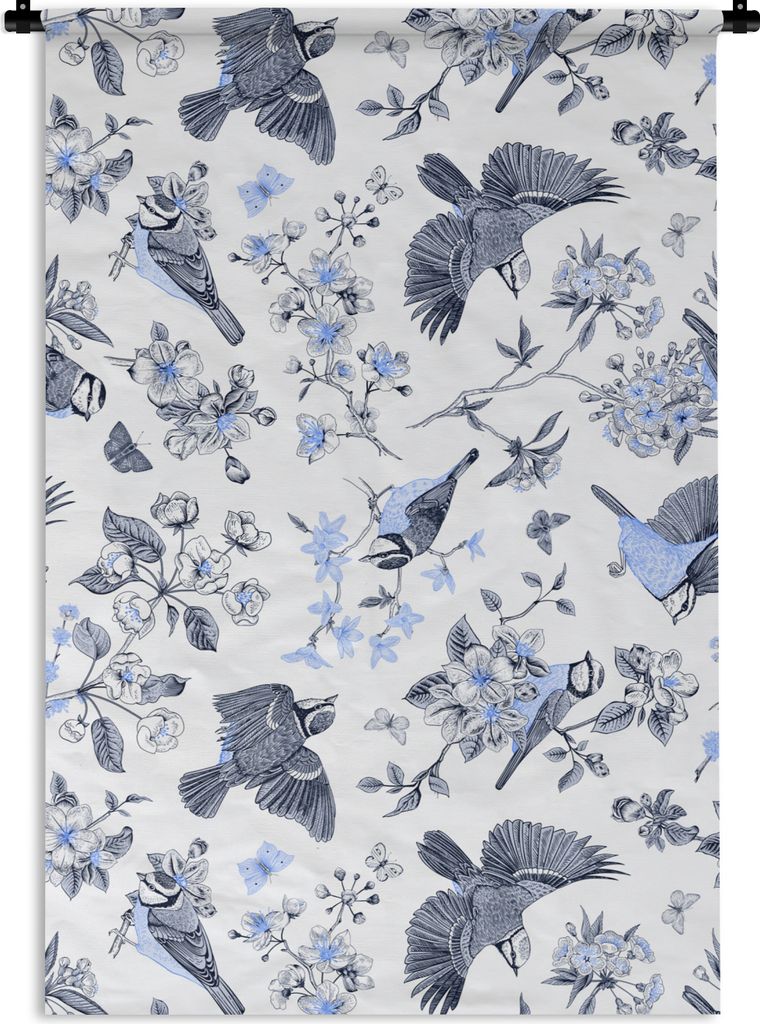 MuchoWow® Wandteppich Wandbehang Blumen - Vogel - Blau Produktbild 