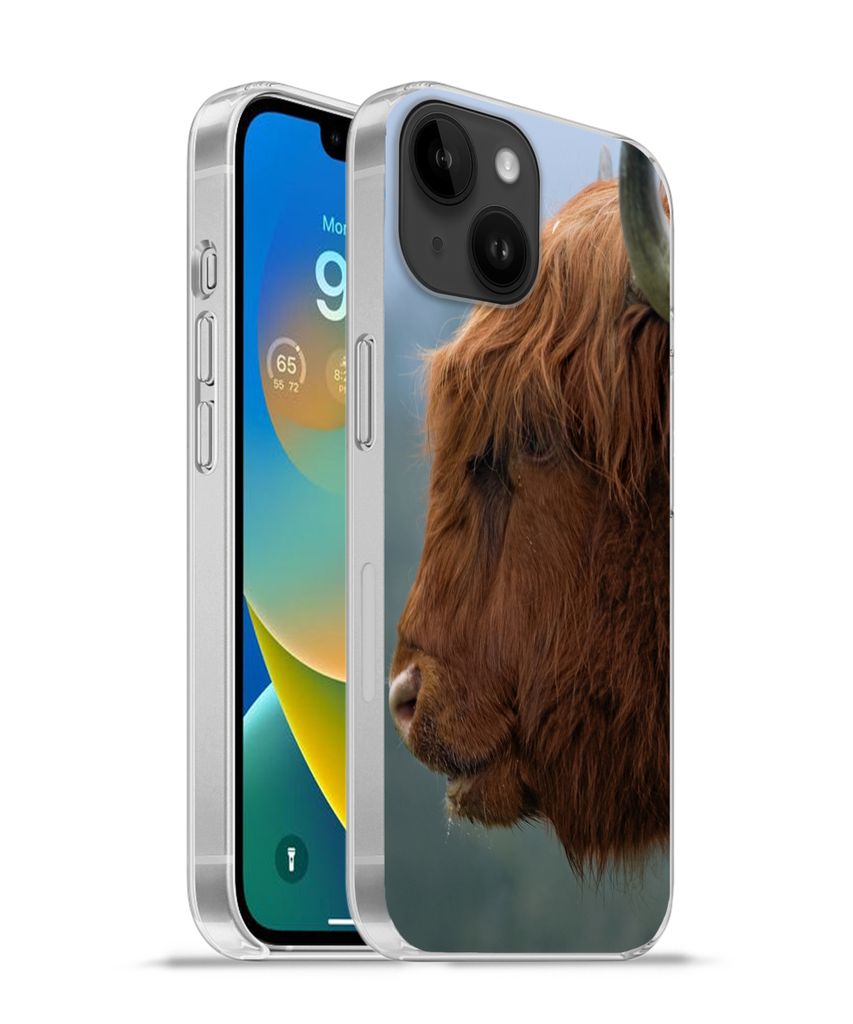 MuchoWow Handyhülle Schutzhülle Hülle für Apple iPhone 14 - Softcase Schottische Highlander - Tiere - Nebel Silikon Softcase Handy Hülle - M...
