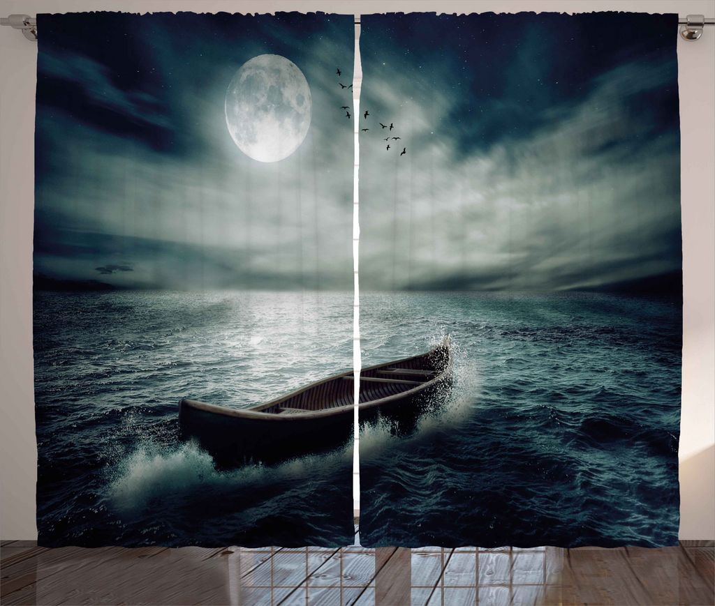 ABAKUHAUS Angeln Rustikaler Vorhang, Boot im Ozean, Wohnzimmer Universalband Gardinen mit Schlaufen und Haken, 280 x 175 cm, Dunkelblau Weiß