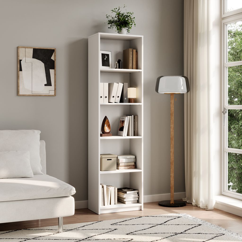 Bücherregal Aktenregal Standregal Raumteiler weiß mit 5 offenen Fächern aus MDF Holz | Breite 50 cm