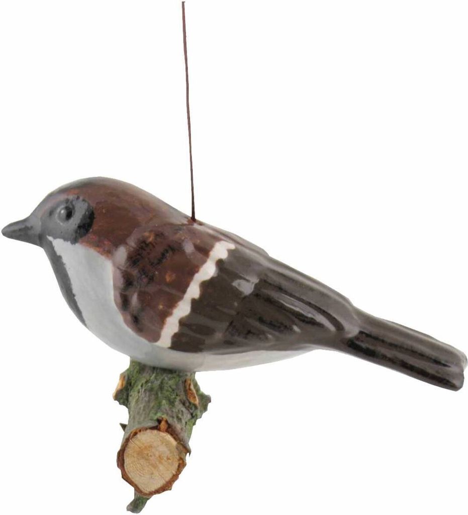 Tangoo Keramik Feldsperling auf Holz, hängend