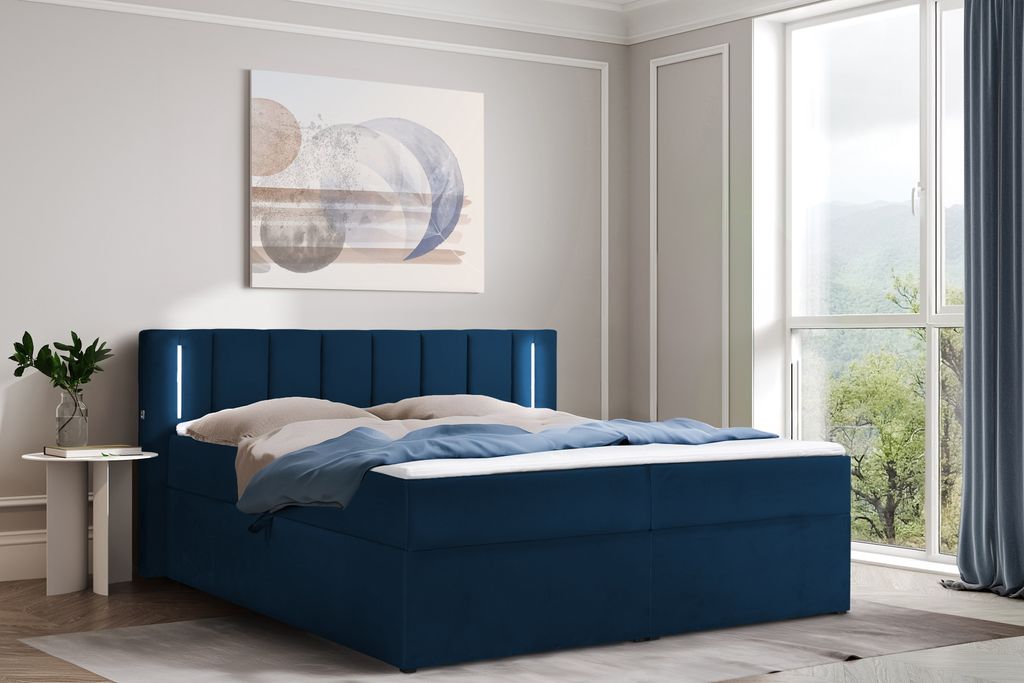 Polsterbett 160 x 200 cm mit Bettkasten und Matratze, Bonellmatratze H3, 2 USB-Ports, LED Beleuchtung, Dunkelblau Velours Velvet Iseria