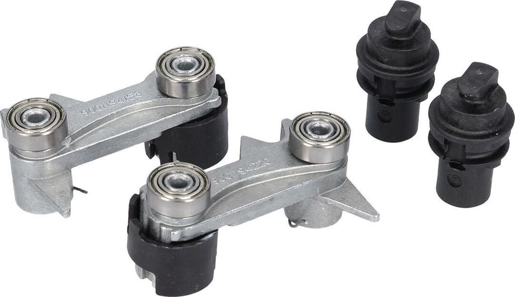 Two sets of silver metal door hinges with ball bearings and black rubber components, and three black plastic caps with square tops, are arranged on a white background.
