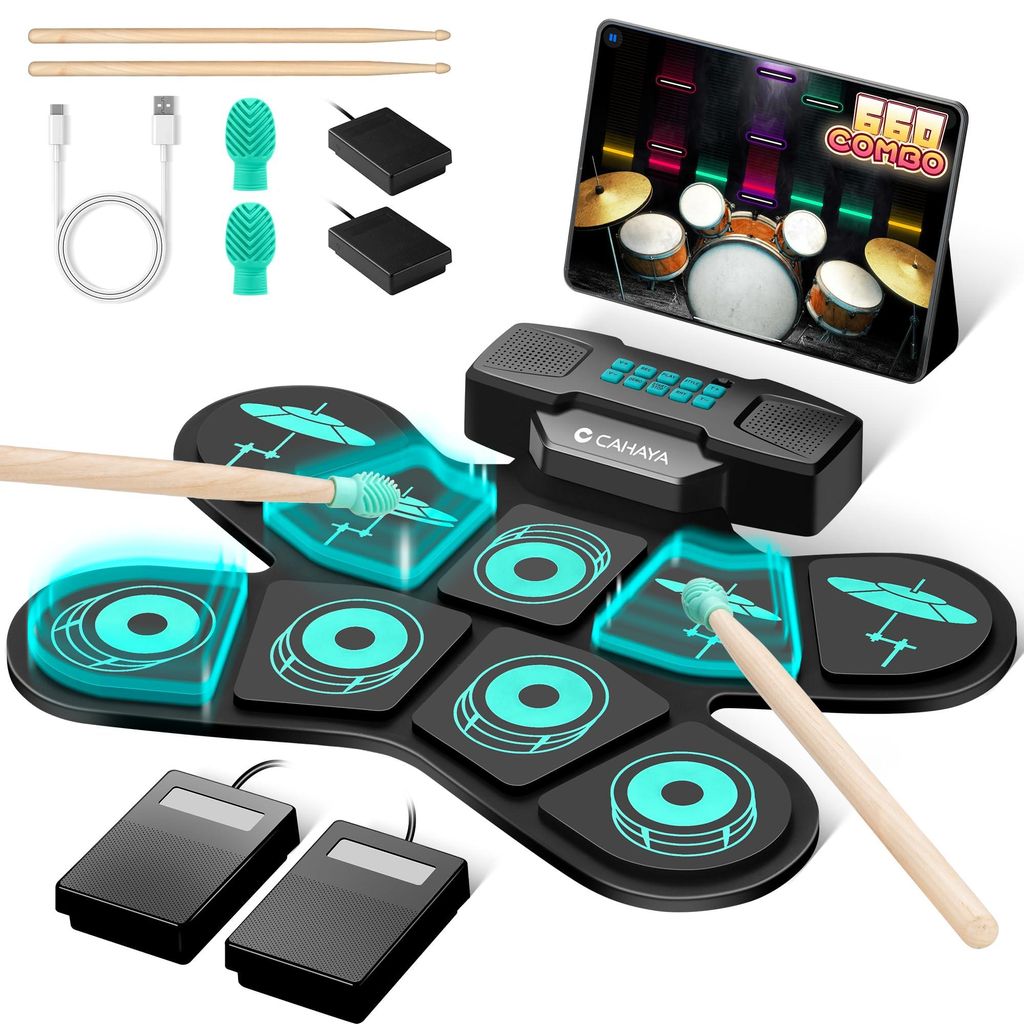 CAHAYA Elektronisches Schlagzeug für Kinder mit MIDI & Handgriff: Aufrollbar E-Drum-Set 9-Pads für Kinder Mit 2 Pedal, Stereo-Lautsprecher