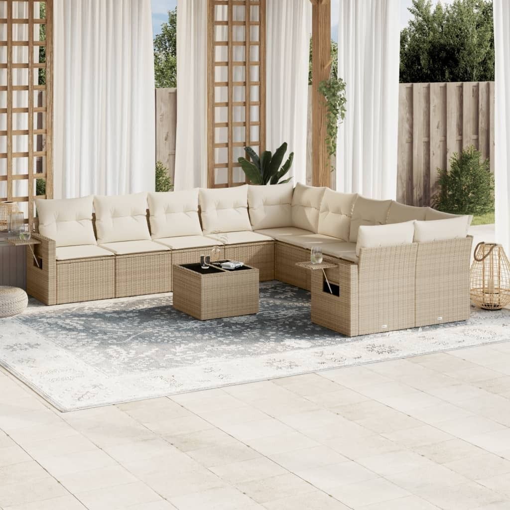 CLORIS 11-tlg. Garten-Sofagarnitur mit Kissen Beige Poly Rattan - Gartenmöbelgarnituren 436