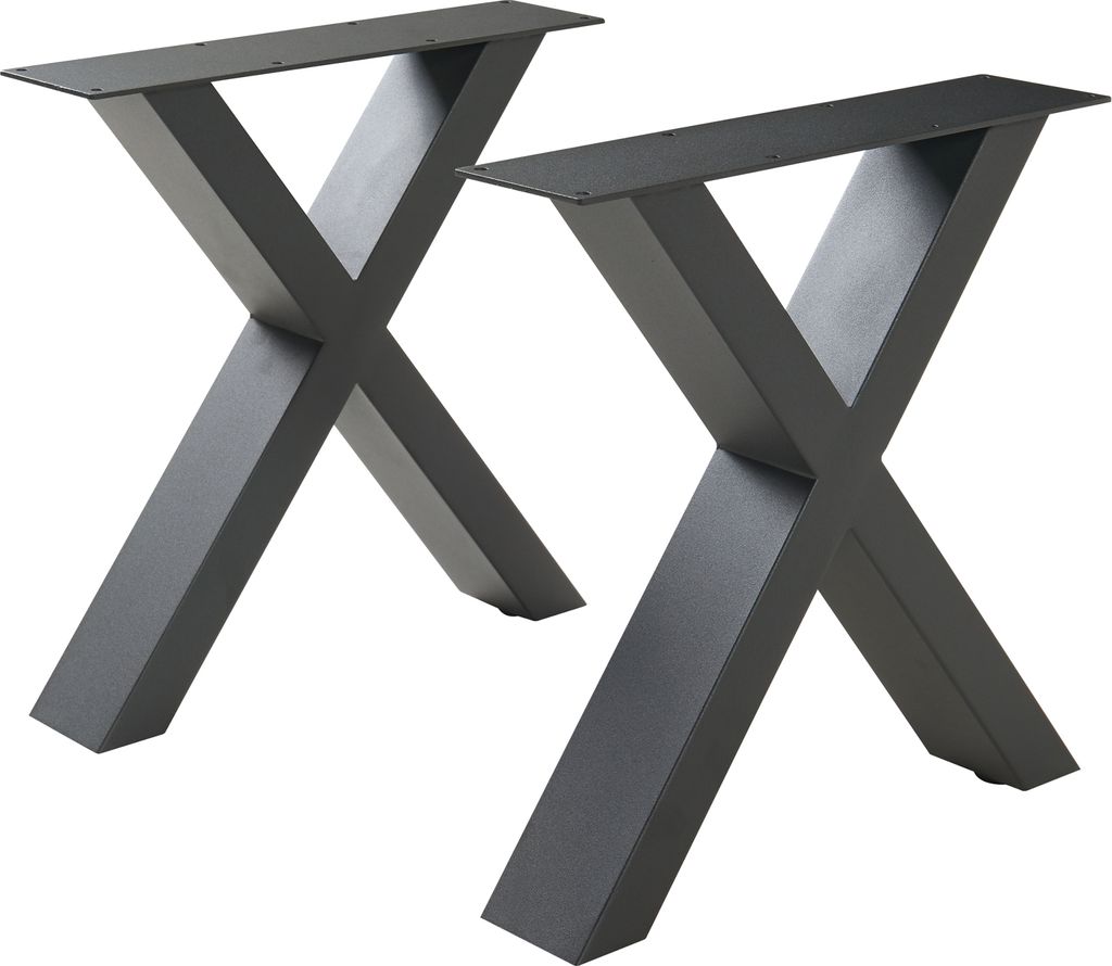 Two black metal table legs with an X-shaped design are shown against a white background.