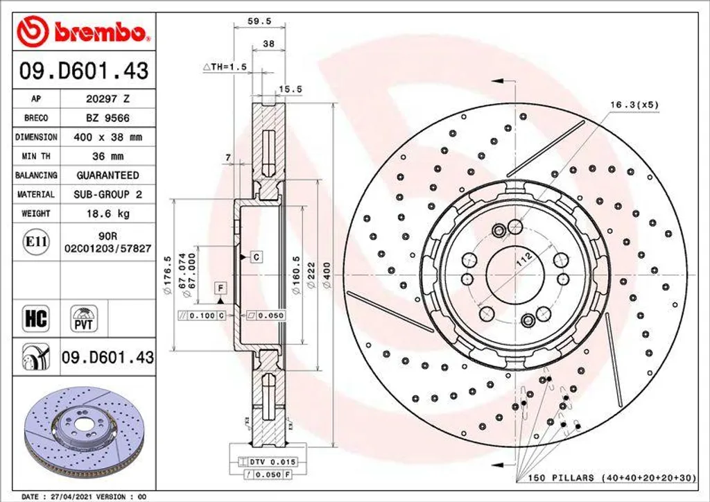 Disque de frein Brembo 09.D601.43 traité anticorrosion pour GLE V167