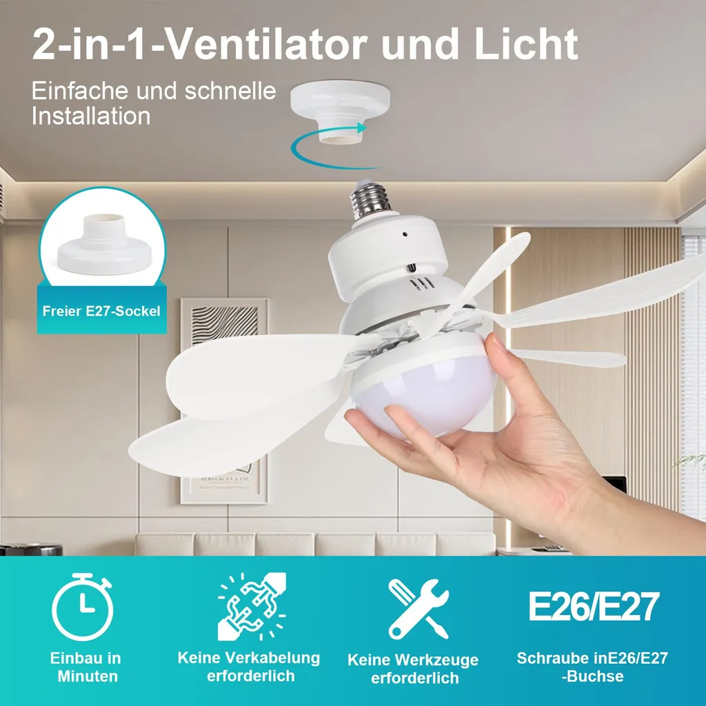 Lampe ventilateur E27 40W silencieuse avec 3 températures de couleur
