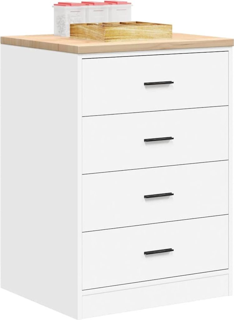 A white storage cabinet with a wooden top and four drawers, with some decorative items on top.
