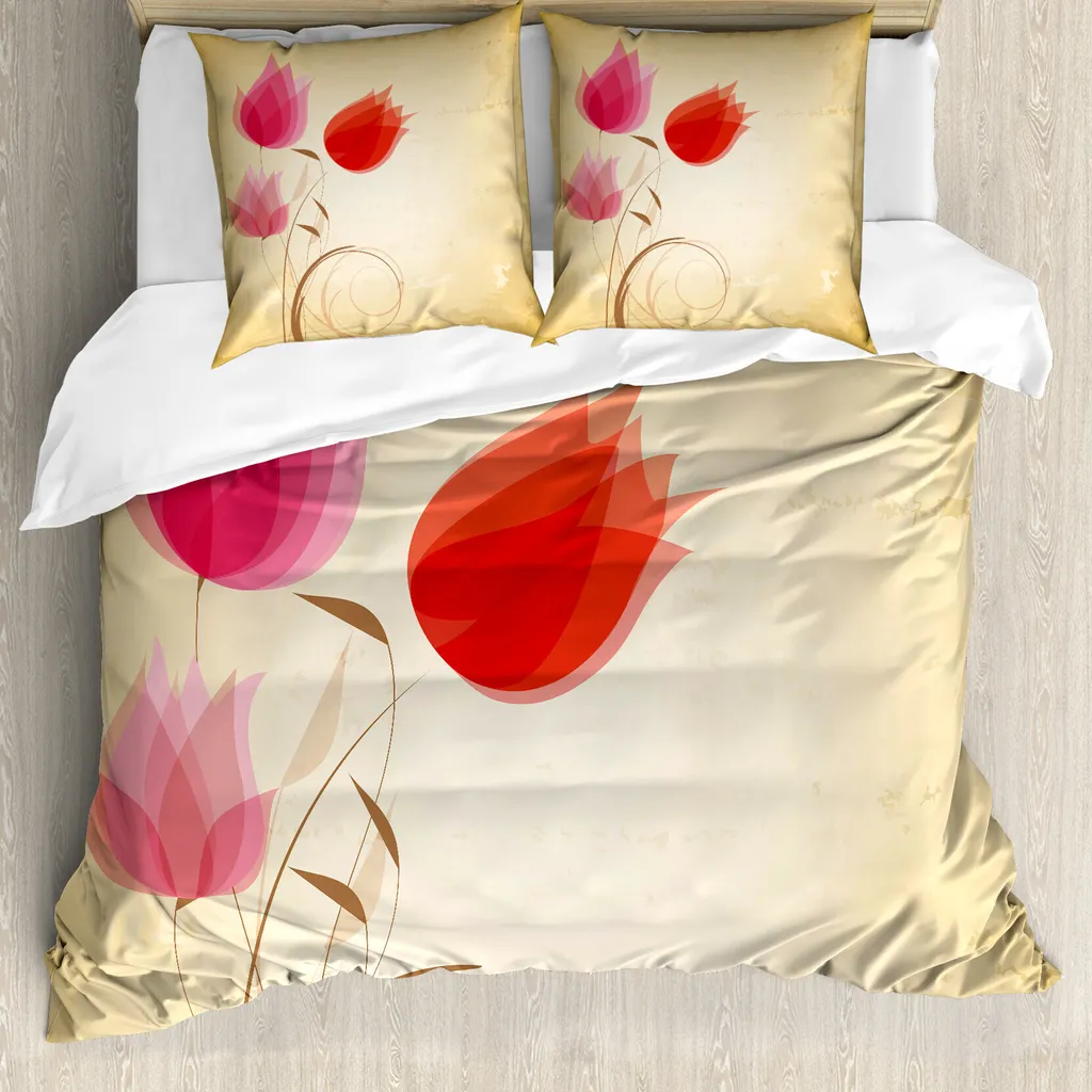 ABAKUHAUS Copripiumino con fiori, Hazy Fiori rossi Naturale, Antiacaro Adatto a chi soffre di allergie Con federe, 155 cm x 220 cm - 80 x 80 cm, Sabbia Marrone Rosso Rosa