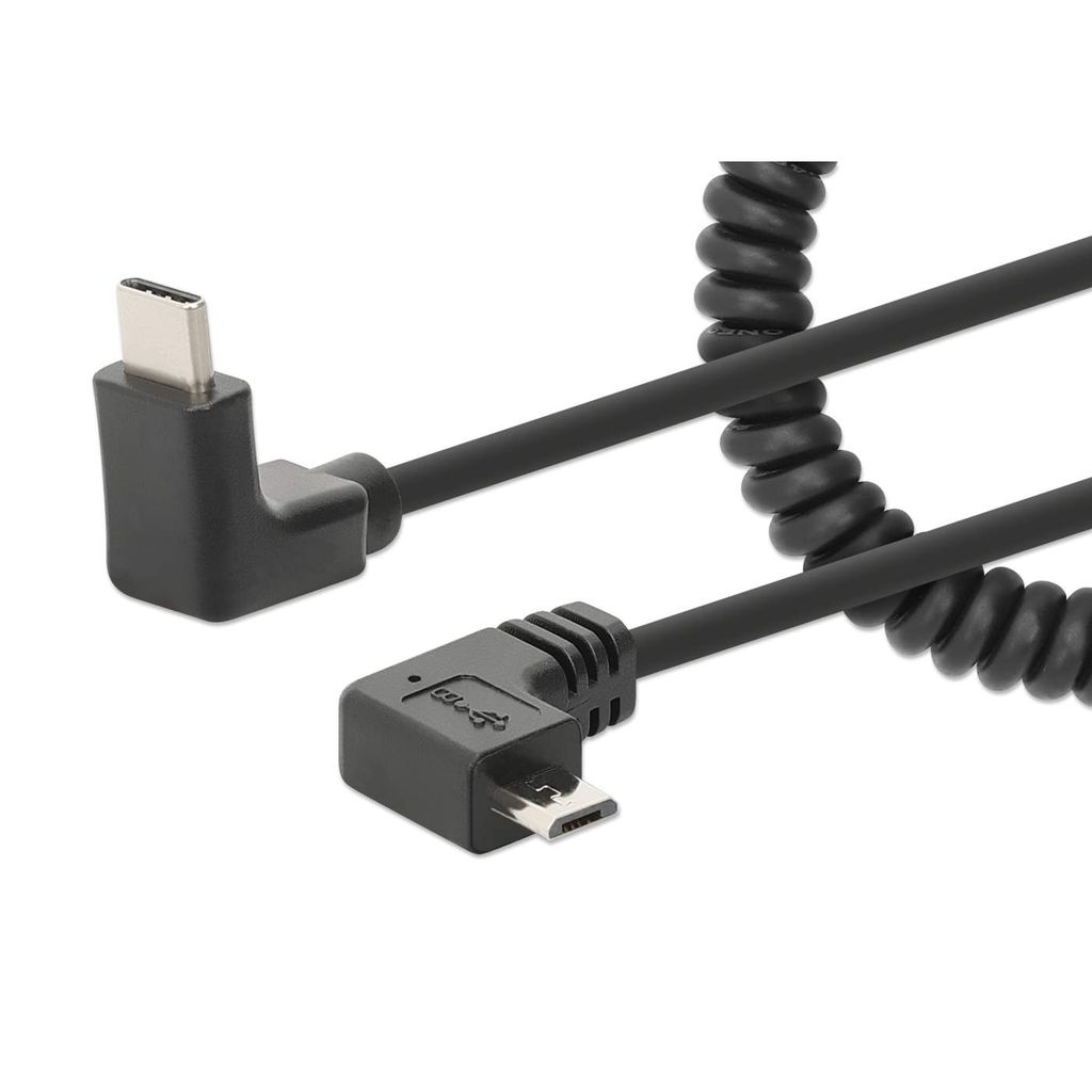 MANHATTAN Spiralkabel USB-C auf Micro-USB Ladekabel USB Typ-C-Stecker auf Typ Micro-B-Stecker, 1 m, verknotungsfreies, geringeltes Design, Winkelst...