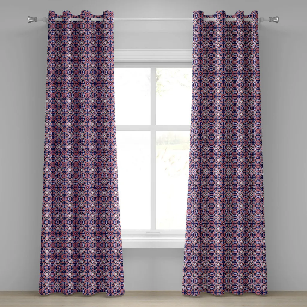 ABAKUHAUS Tenda con occhielli Orient, motivo marocchino con effetti orientali mediorientali, design vintage, tende decorative a 2 pannelli, 280 cm x 175 cm, indaco rosso bianco